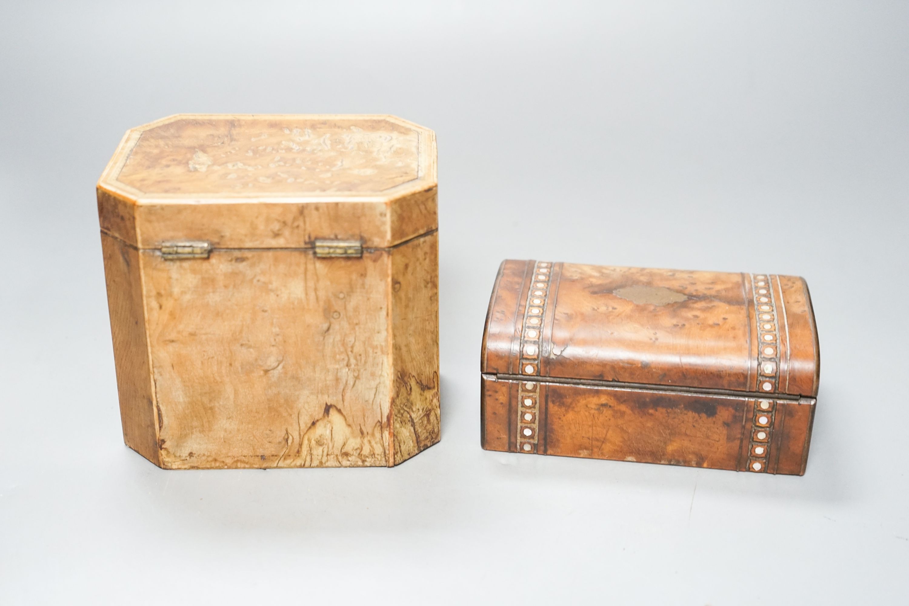 A George III burr yew and harewood, tulipwood and boxwood strung tea caddy, of octagonal form, 12.5cm and a small French yew jewellery casket